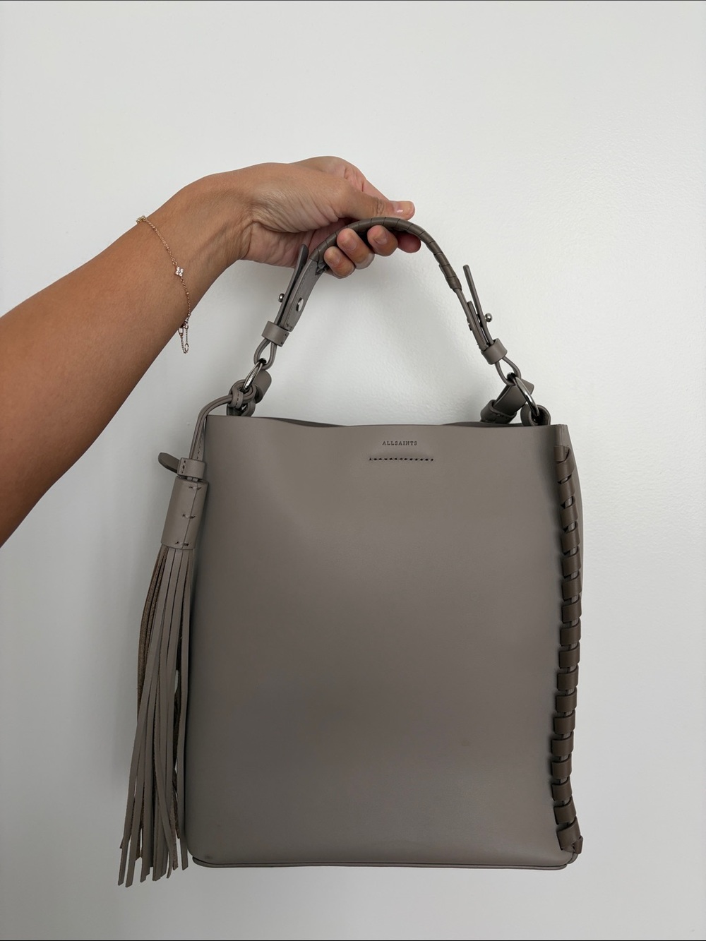 All Saints Taupe Leather Shoulder Bag with Tassel